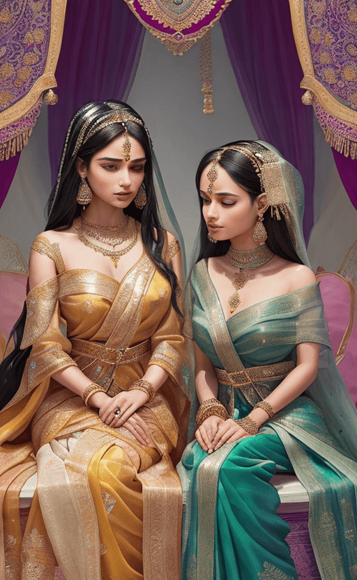 AI generated: Intricately adorned with vibrant saris, the main characters of "The Jasmine Throne" come to life in ...