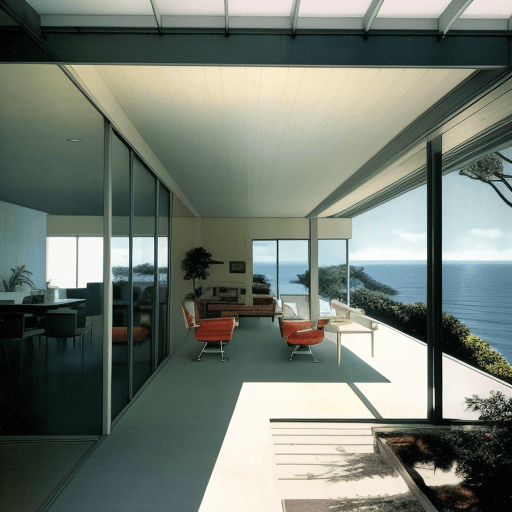 AI generated: Hyper realistic eye level exterior photo of a mid century modern style house overlooking the ocean, ...