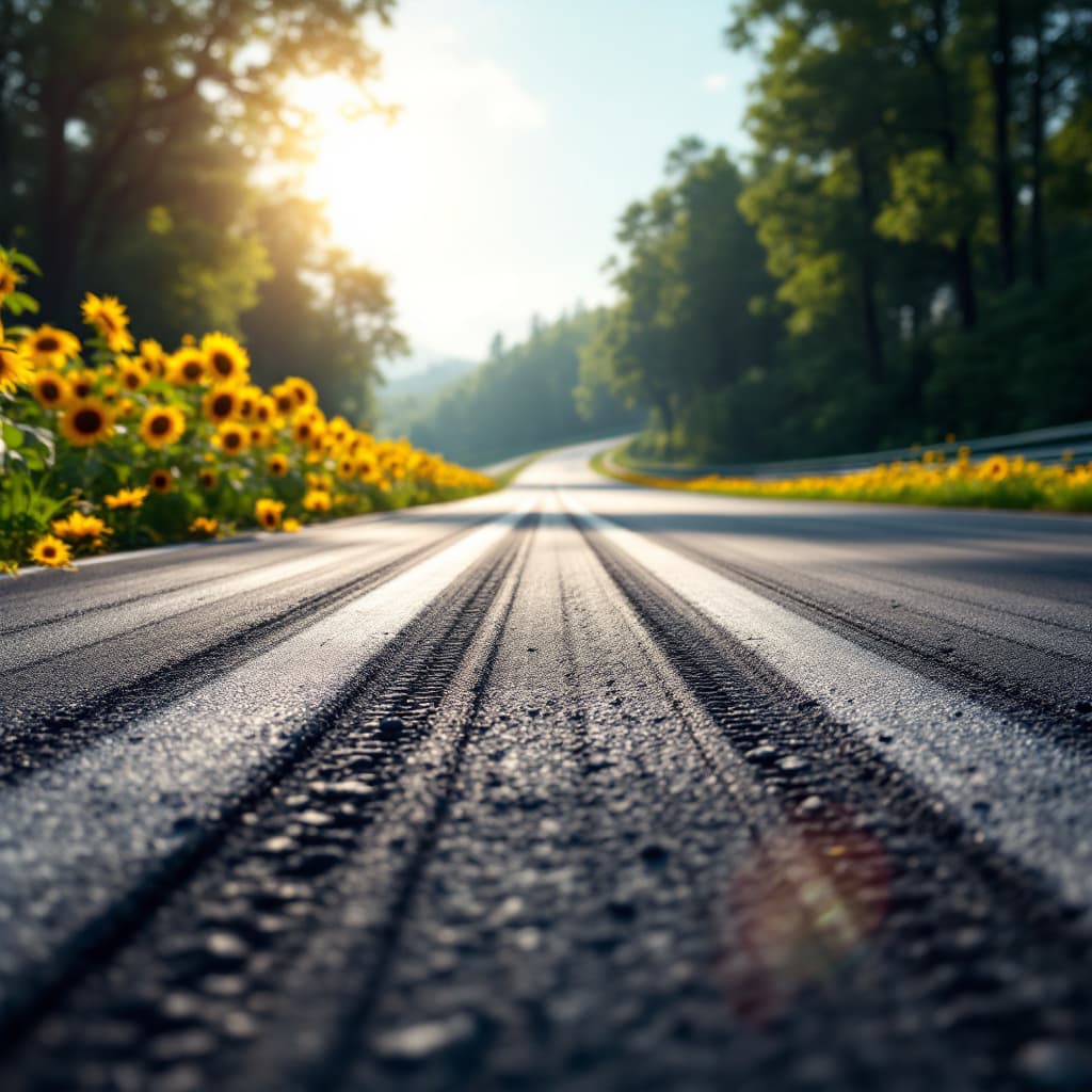 AI generated:  realistic close-up front view of a race track with a smooth asphalt surface, detailed tire marks, a...