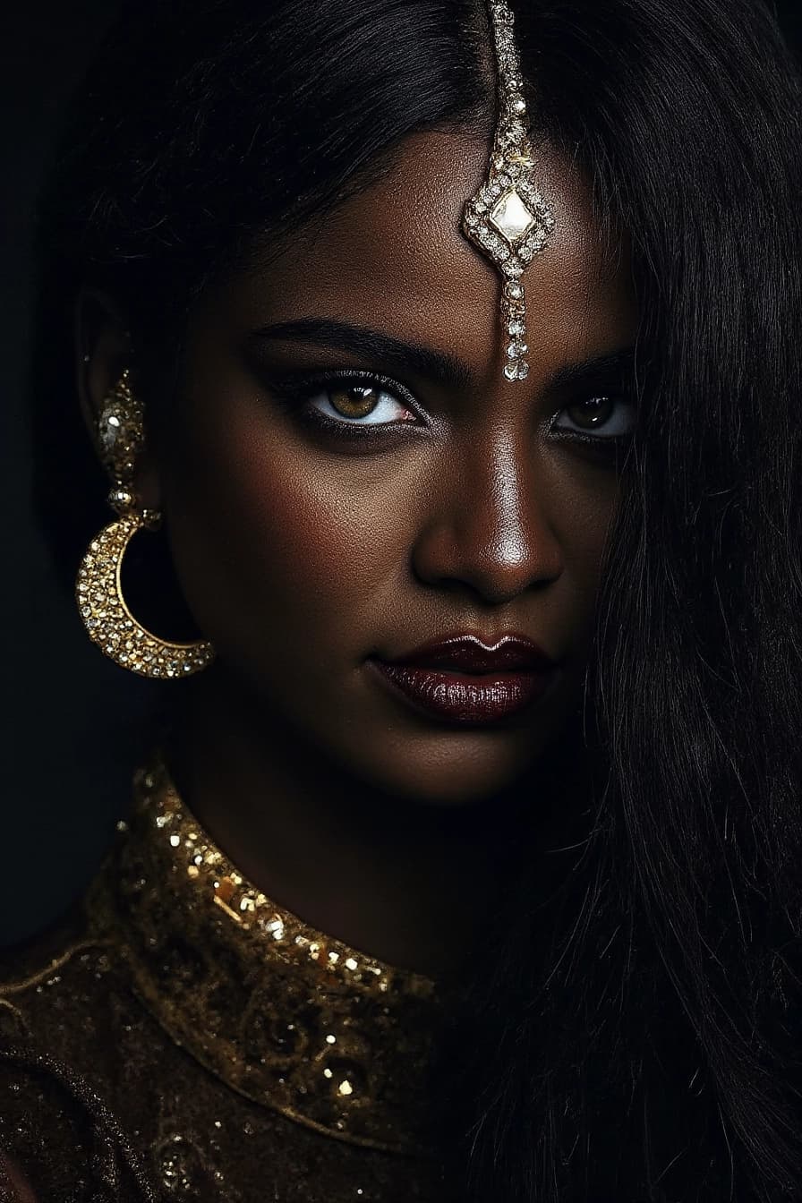 AI generated: Hyperrealistic portrait of a breathtakingly beautiful South Indian woman in her 30s, long black hair...