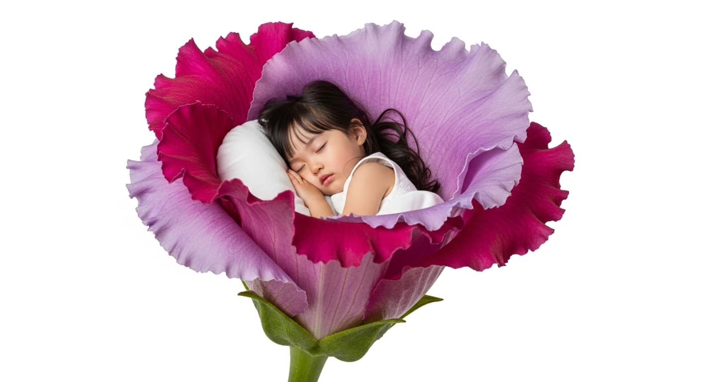 AI generated: In the calyx of an exotic flower, an adorable Asian girl lies down and sleeps, white background.