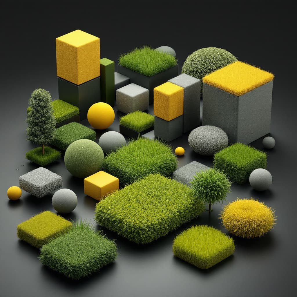 AI generated: 3D geometric shapes, grassy greens and bright yellows, extreme greys, various smooth textures, trans...