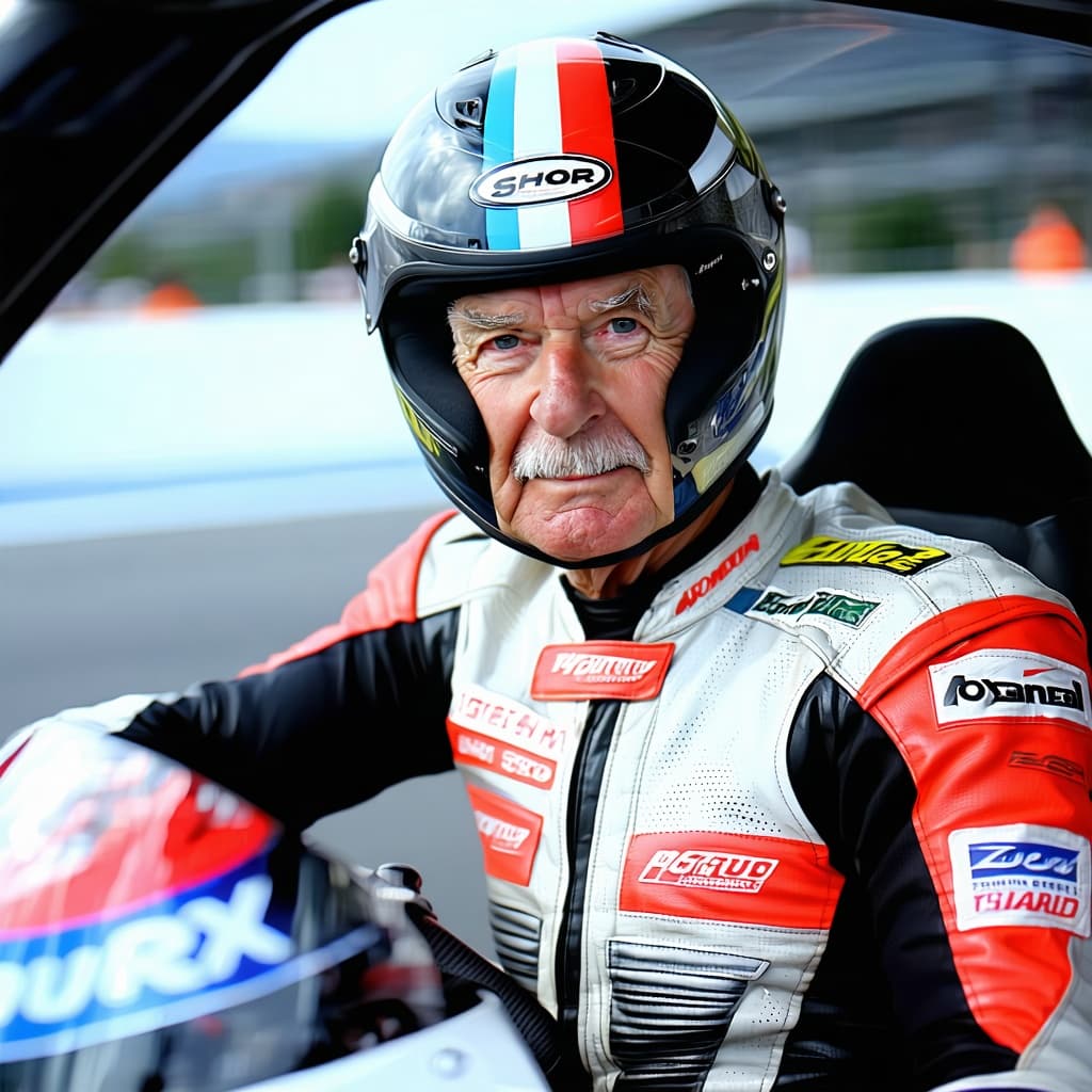 AI generated: A determined 60-year-old male race car driver, clad in a high-speed racing suit and helmet, exudes t...