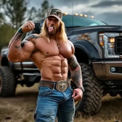 AI generated video:  flexing abs looking down then looking back at me