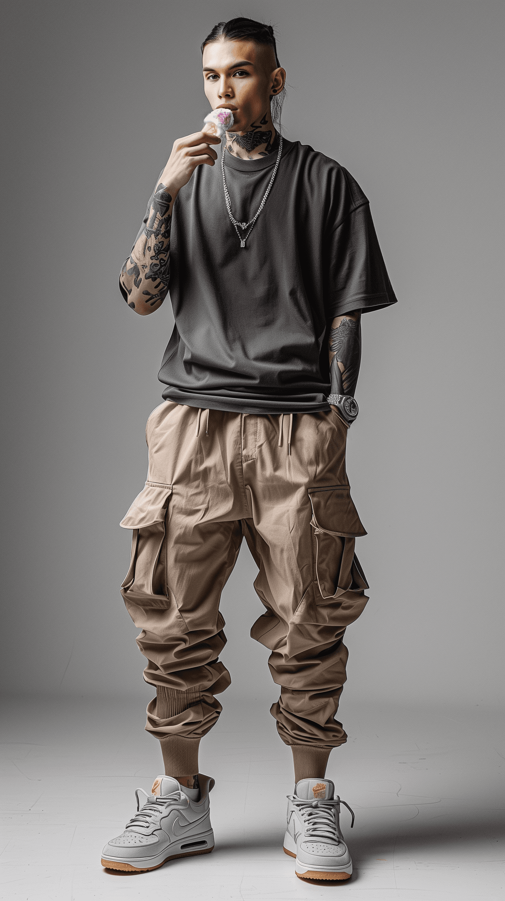 AI generated: photograph, fashion magazine cover, 34 years old man model standing, confidence pose, wearing solid ...