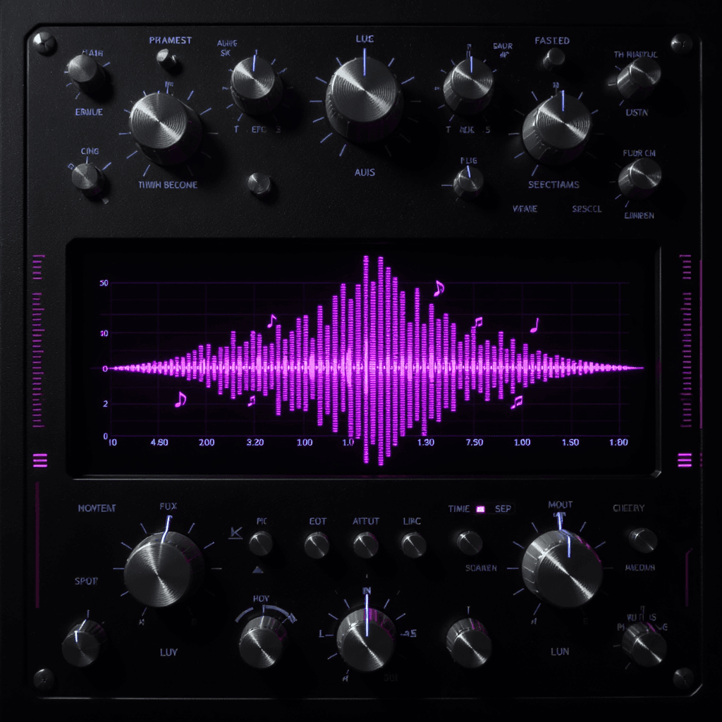 AI generated: A dark synth interface, high-tech user interface, audio spectrum waveform in the center and musical ...