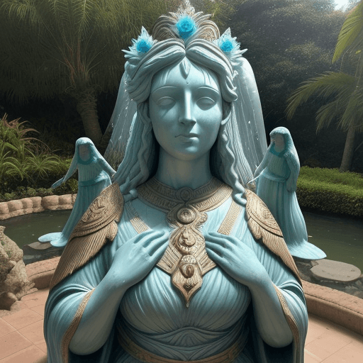 AI generated: um pátio adornado com uma majestosa estátua de bruxa, esculpida com detalhes surpreendentes, água fl...