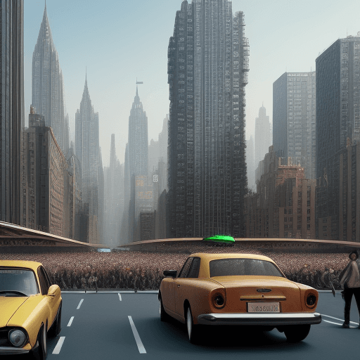 AI generated: a car flying in the a crowd buildings in a metropolis
