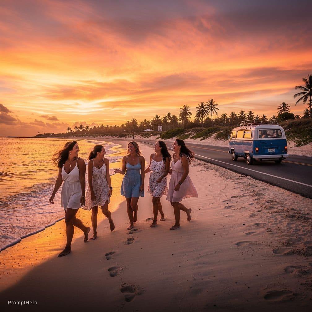 AI generated: un magnifique coucher de soleil le long d'une plage ou se promène de jolies femme et sur la route un...