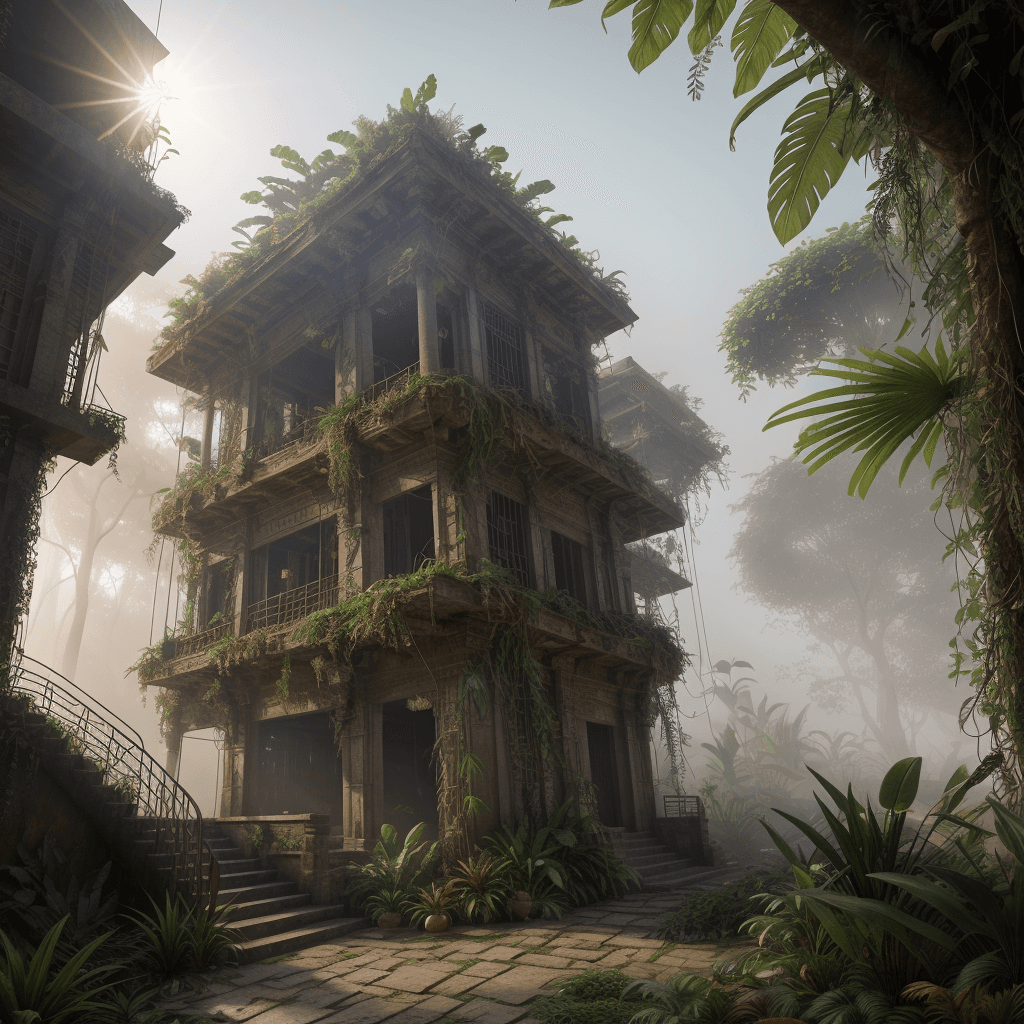 AI generated: A narrow, plant-covered, barely visible stairway leads from the viewer down to an abandoned, distant...