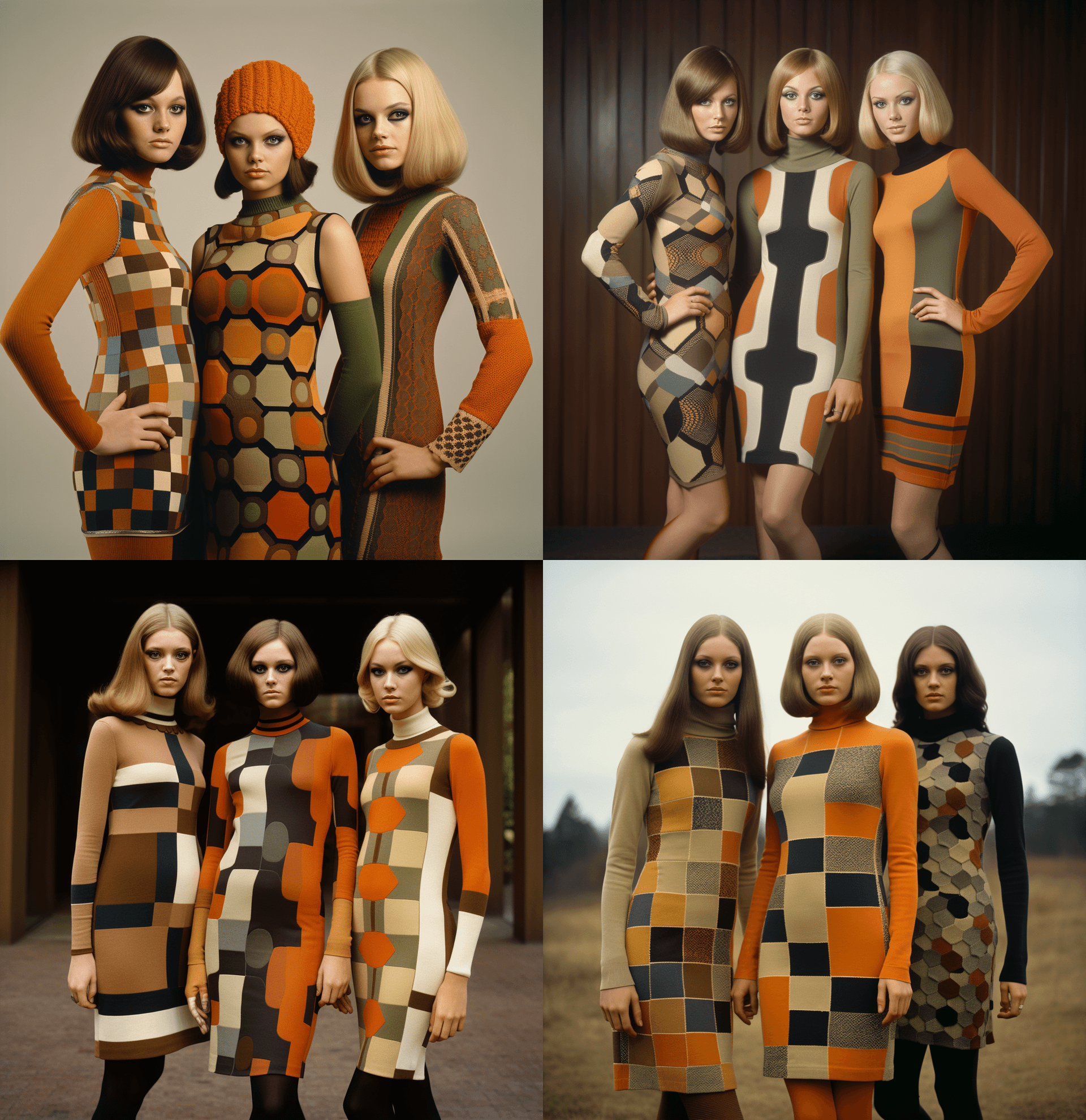 AI generated: vintage women's fashion from the 1970s, three models wearing a knitted patchwork dress in earthy col...