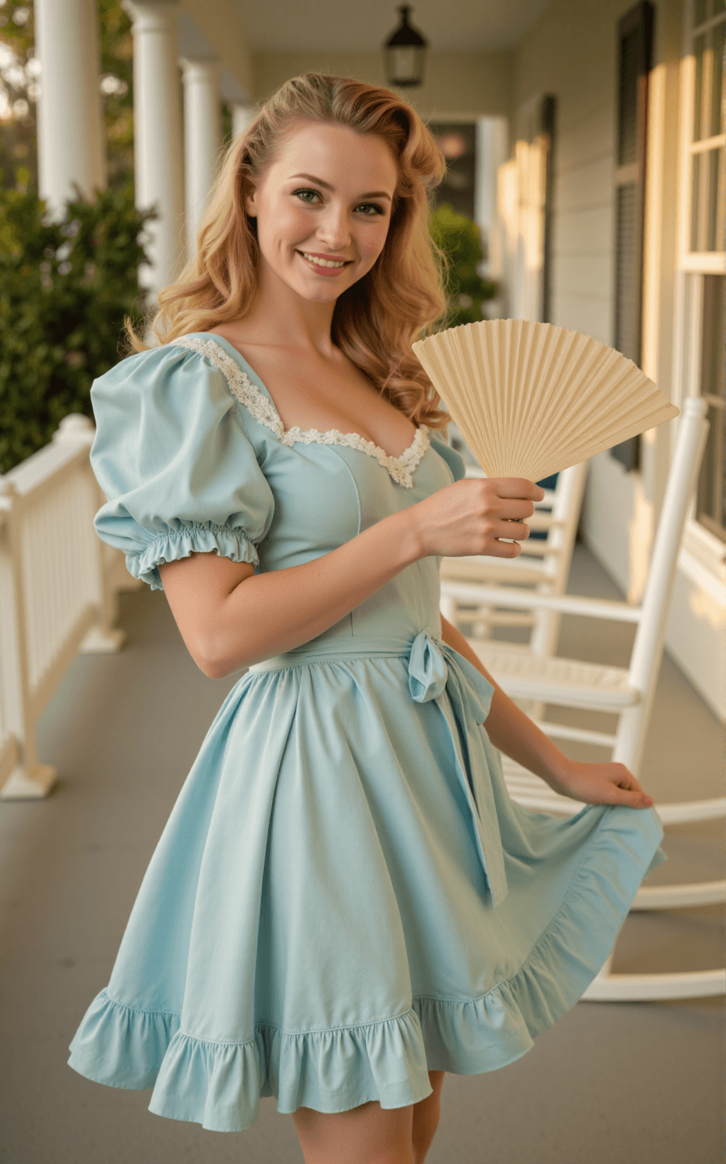 AI generated: A charming yet seductive, retro-style photograph of Sally Mae Beauregard, a classic Southern belle f...
