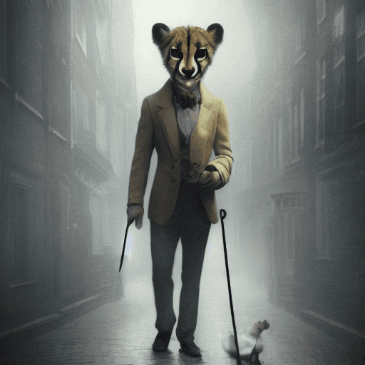 AI generated: a full body portrait of an anthropomorphic cheetah dressed as an English gentleman walking alone on ...