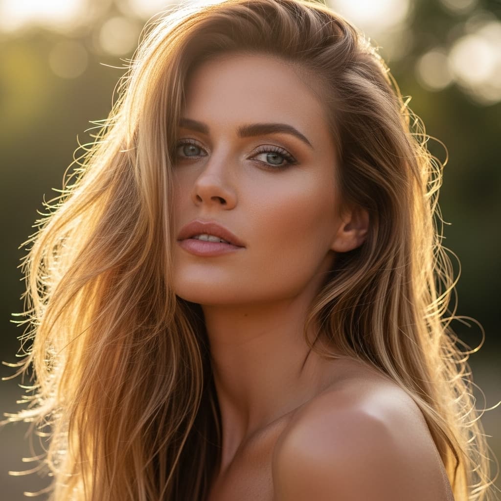 AI generated: topless woman, blonde long hair, blue eyes.