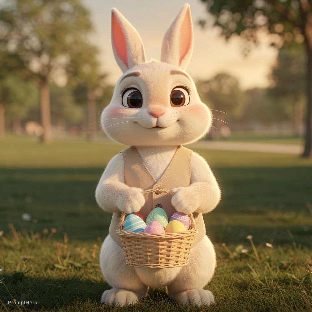 AI generated: Ultra detailed 3D Pixar-style cartoon rabbit character, soft cream-white fur with realistic strand d...