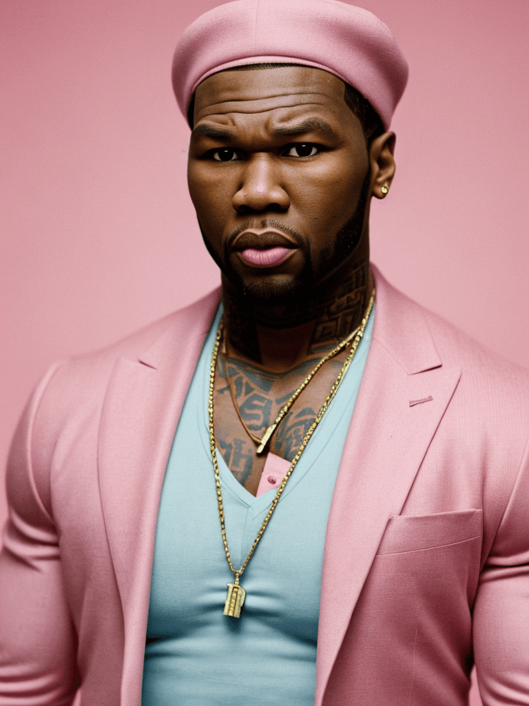AI generated: Vogue style photo shoot of 50 Cent as character therock from the movie The Royal Tenenbaums pastel c...
