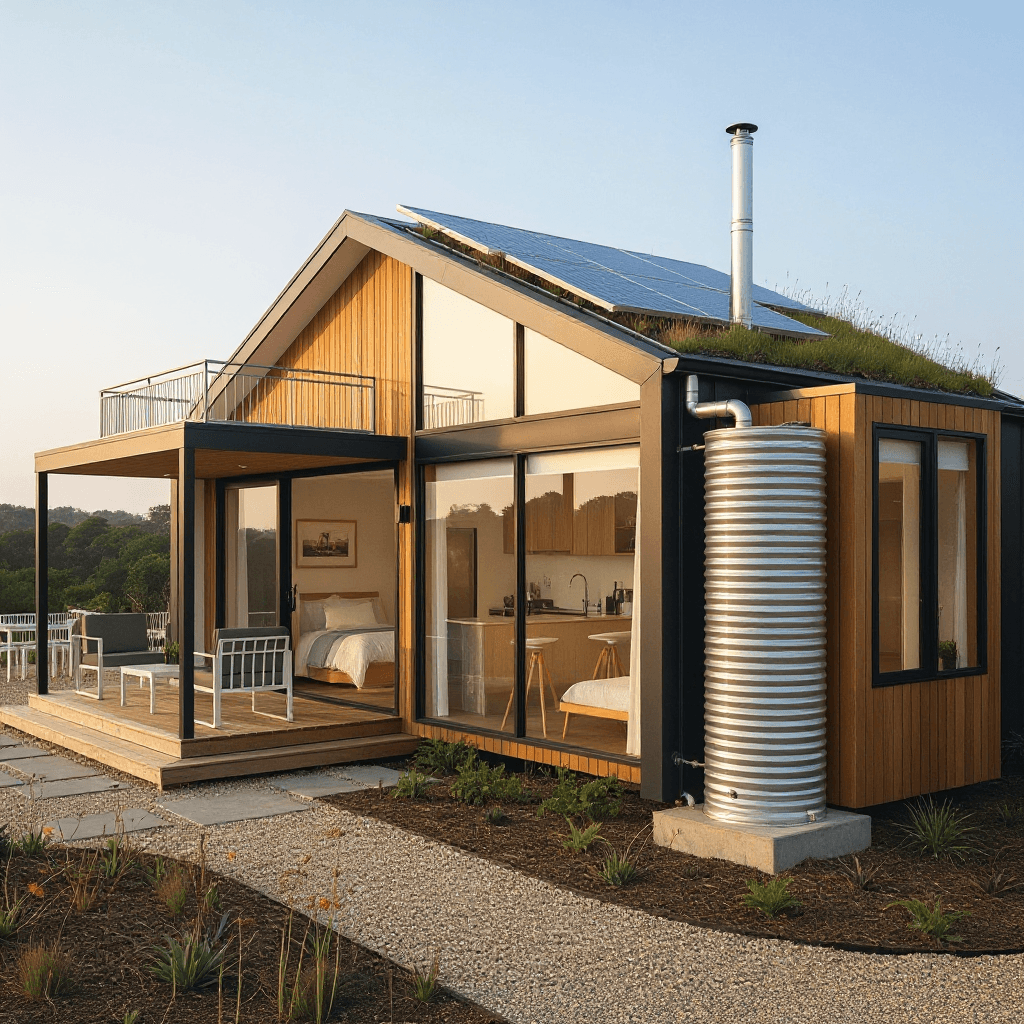 AI generated: Add solar roof panels, geometrical shapes, green elements and a roof top balcony