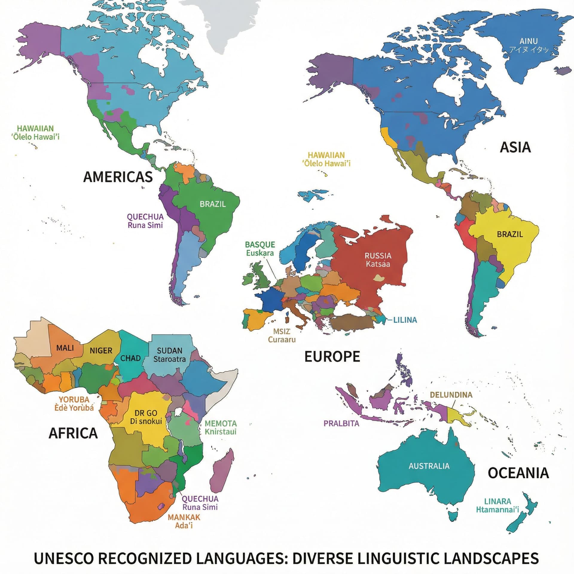 AI generated: Create a map with all the languages that UNESCO recognise as a language, very detailed with the name...