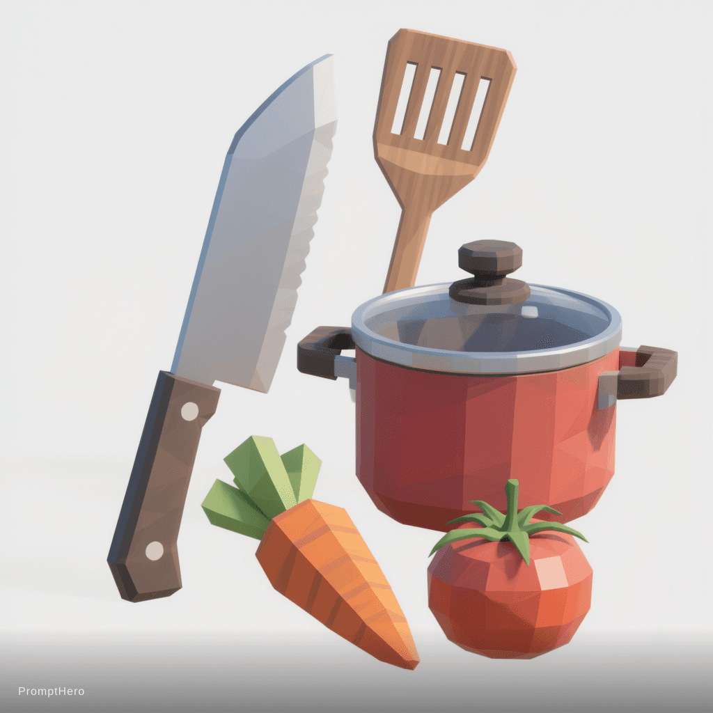 AI generated:  A collection of low poly 3D cooking utensils and ingredients. A chef's knife, a wooden spatula, a r...