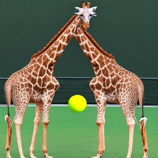 AI generated: giraffe with a shocked expression getting hit by yellow tennis ball