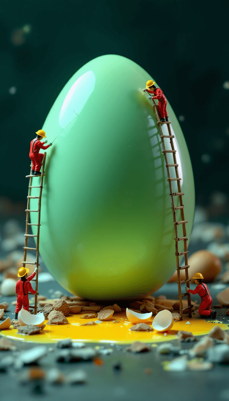 AI generated: Make a giant light green egg broken, centered in the scene, having two miniature Chinese workers aro...