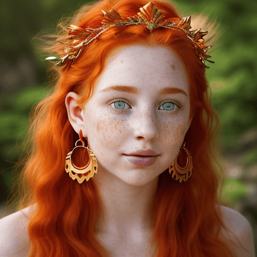 AI generated: /imagine prompt: color photo of a fiery-haired woman with piercing green eyes, her locks cascading i...