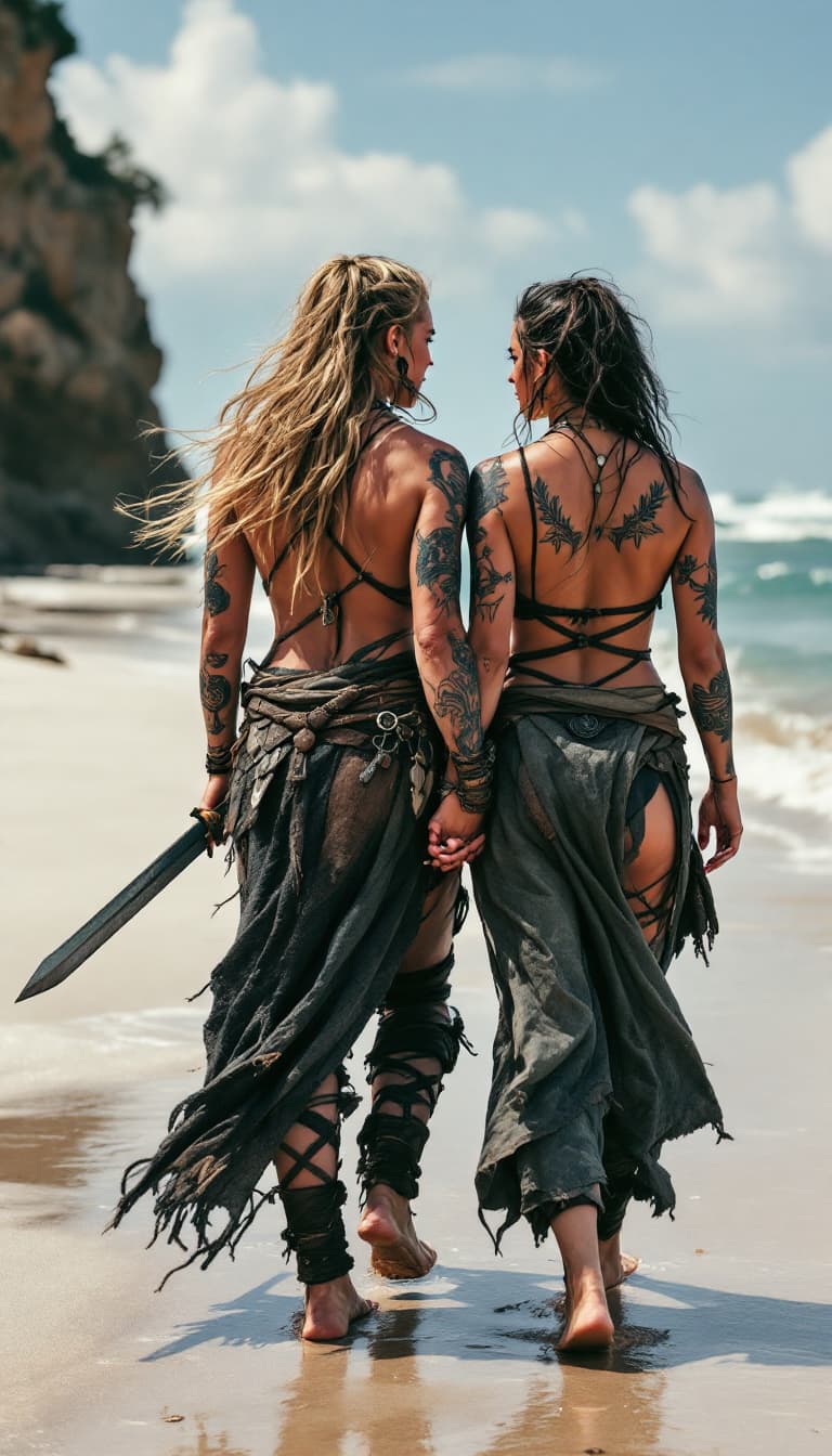 AI generated: 2 viking warrior women with tattoos holding hands and walking on the beach