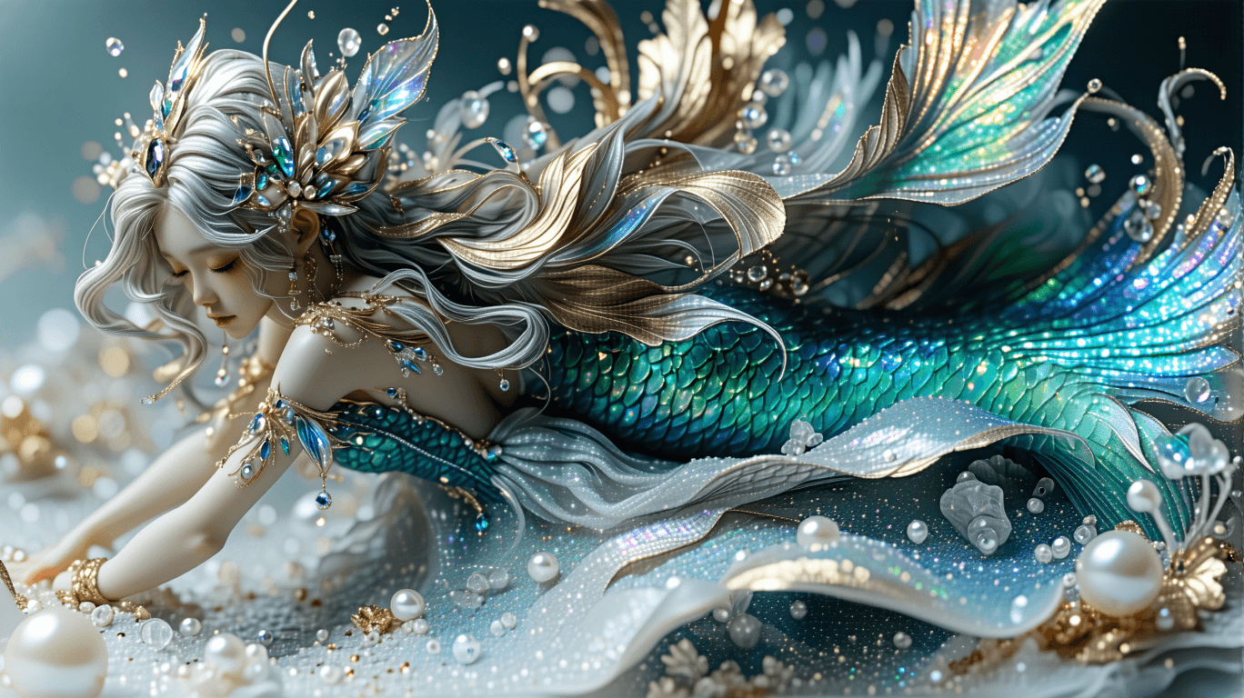 AI generated: IMystical ethereal siren mermaid swimming deep in the oceans abys surrounded by elements of gold sil...
