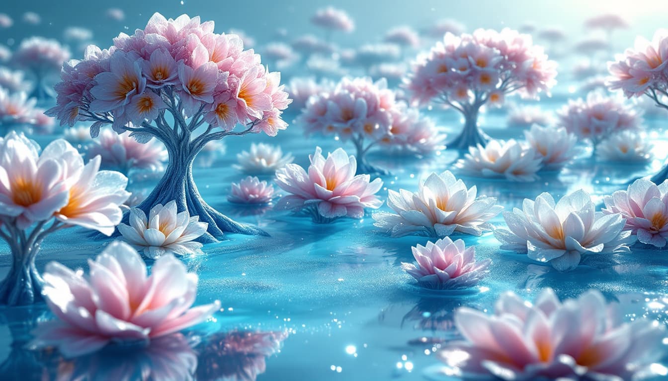 AI generated:   a fiction landscape in the ocean made of giant water trees, cluster of   sea foam flowers are bloo...