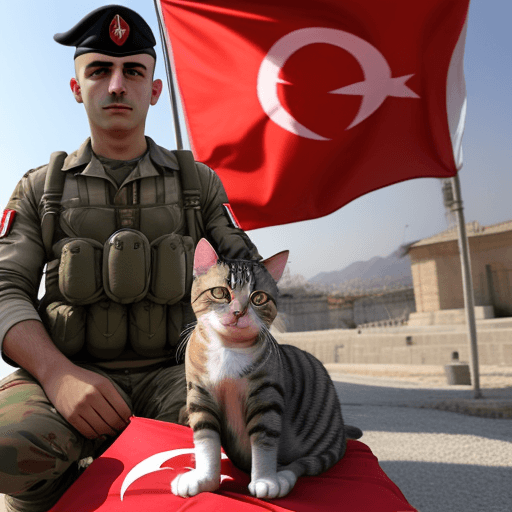AI generated: Cat in the hands of a Turkish soldier in front of the Turkish flag,