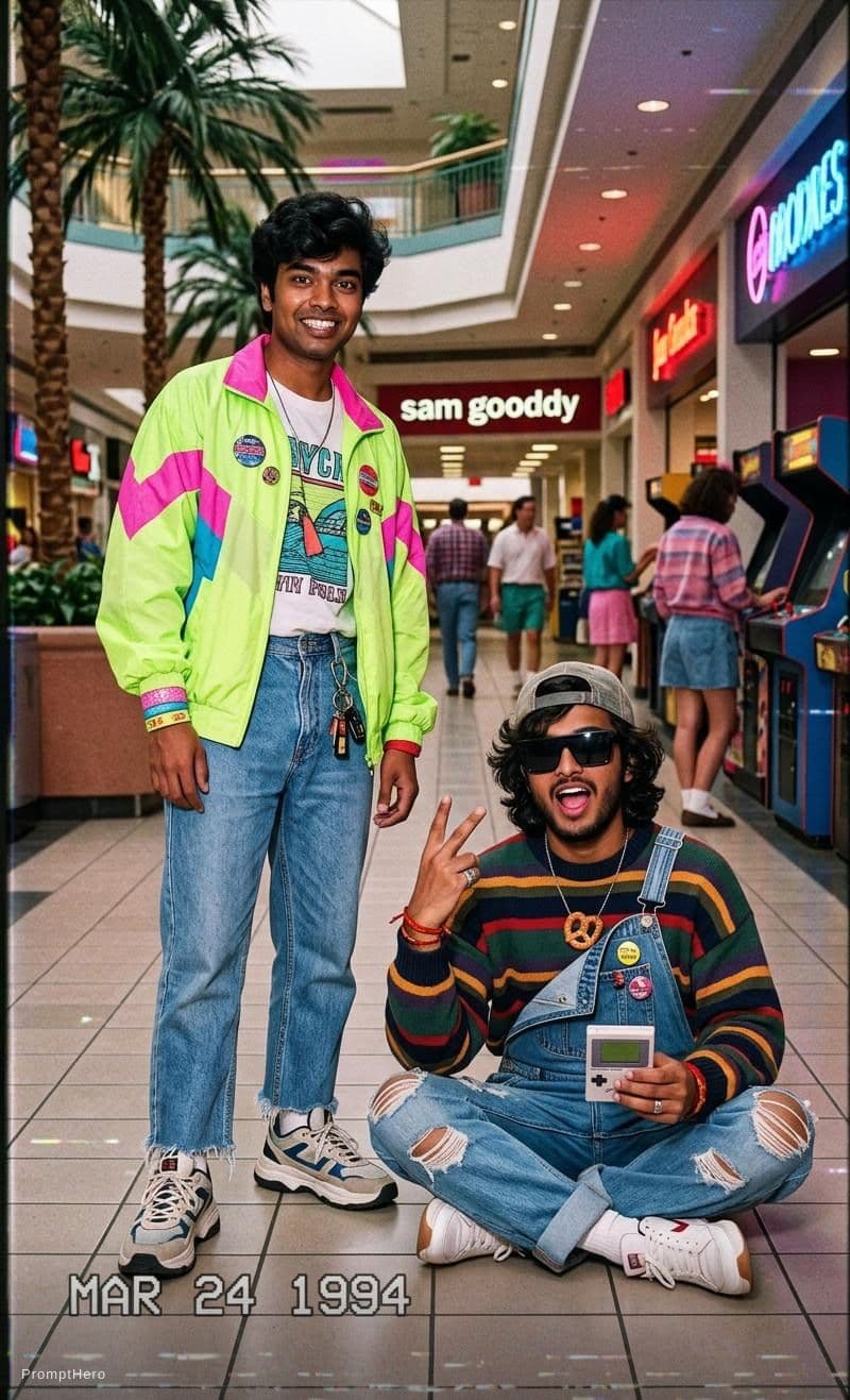 AI generated: Kooky portraits of 90’s mall teens in retro clothing, shot on VHS