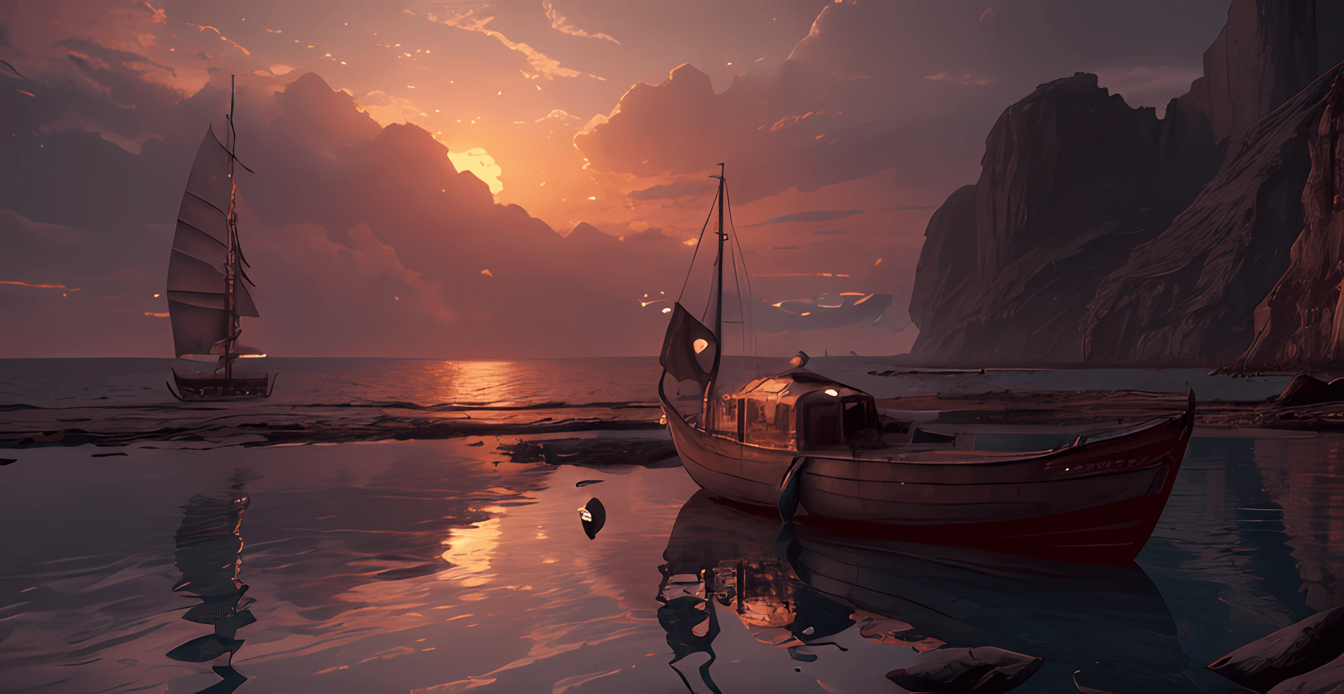 AI generated: a boat sitting in the water during sunset, in the style of greg rutkowski, dream ocean,calm and sere...