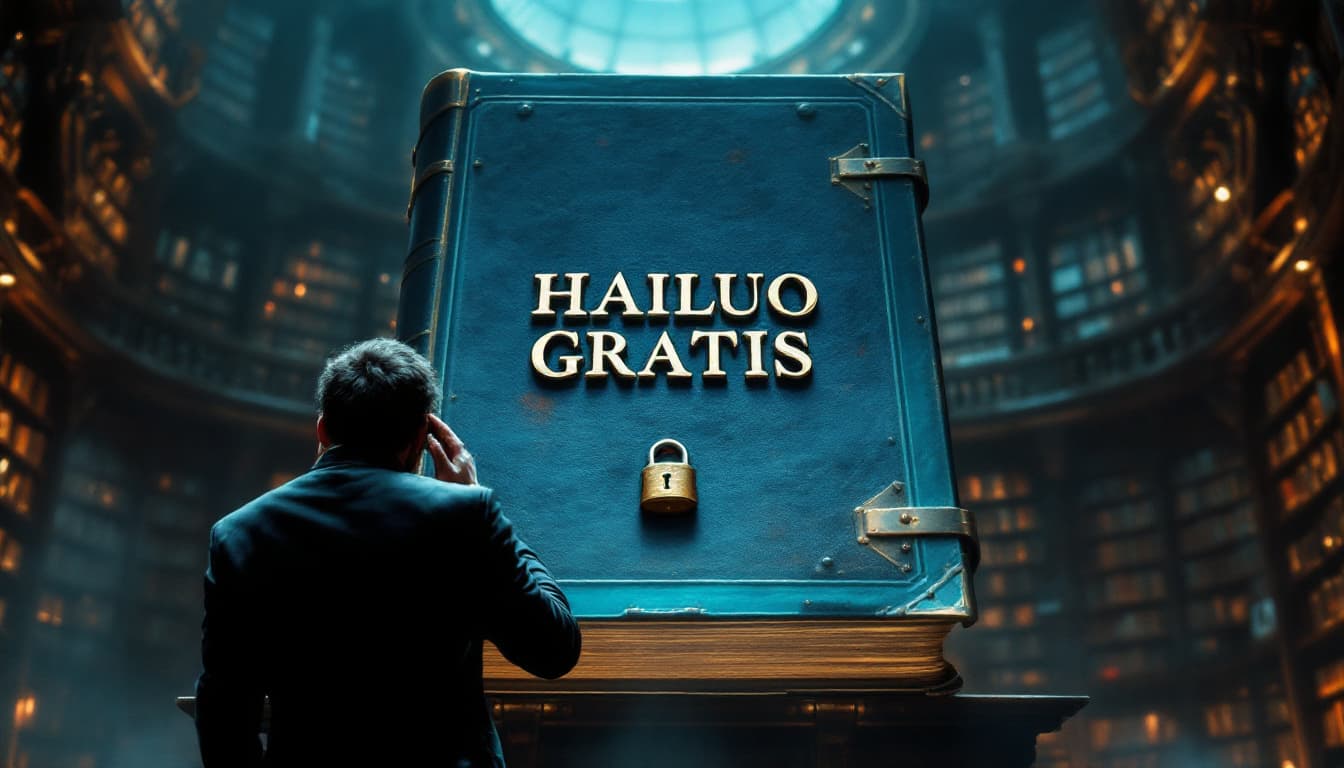 AI generated: A desperate man that desperately reads and holds his head. In front a gigantic book with the inscrip...