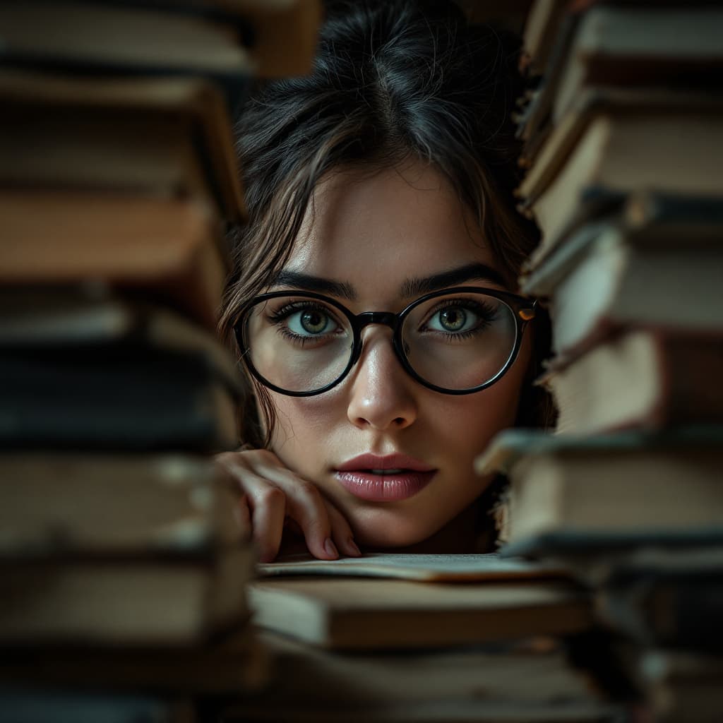 AI generated:  a young women wearing spectacles looking at camera through the piles of books in a dark dramatic sc...