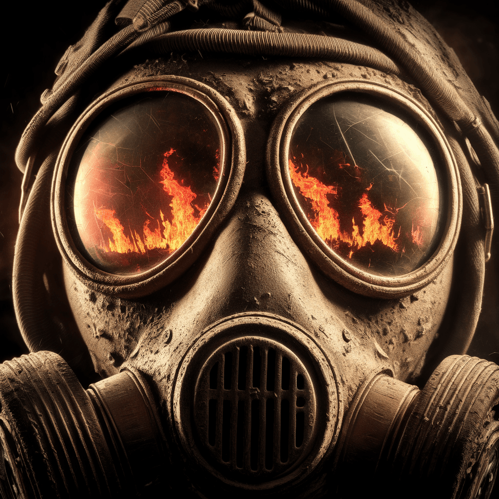 AI generated: A close-up shot of a Chernobyl liquidator's gas mask, filling the frame with gritty, realistic detai...
