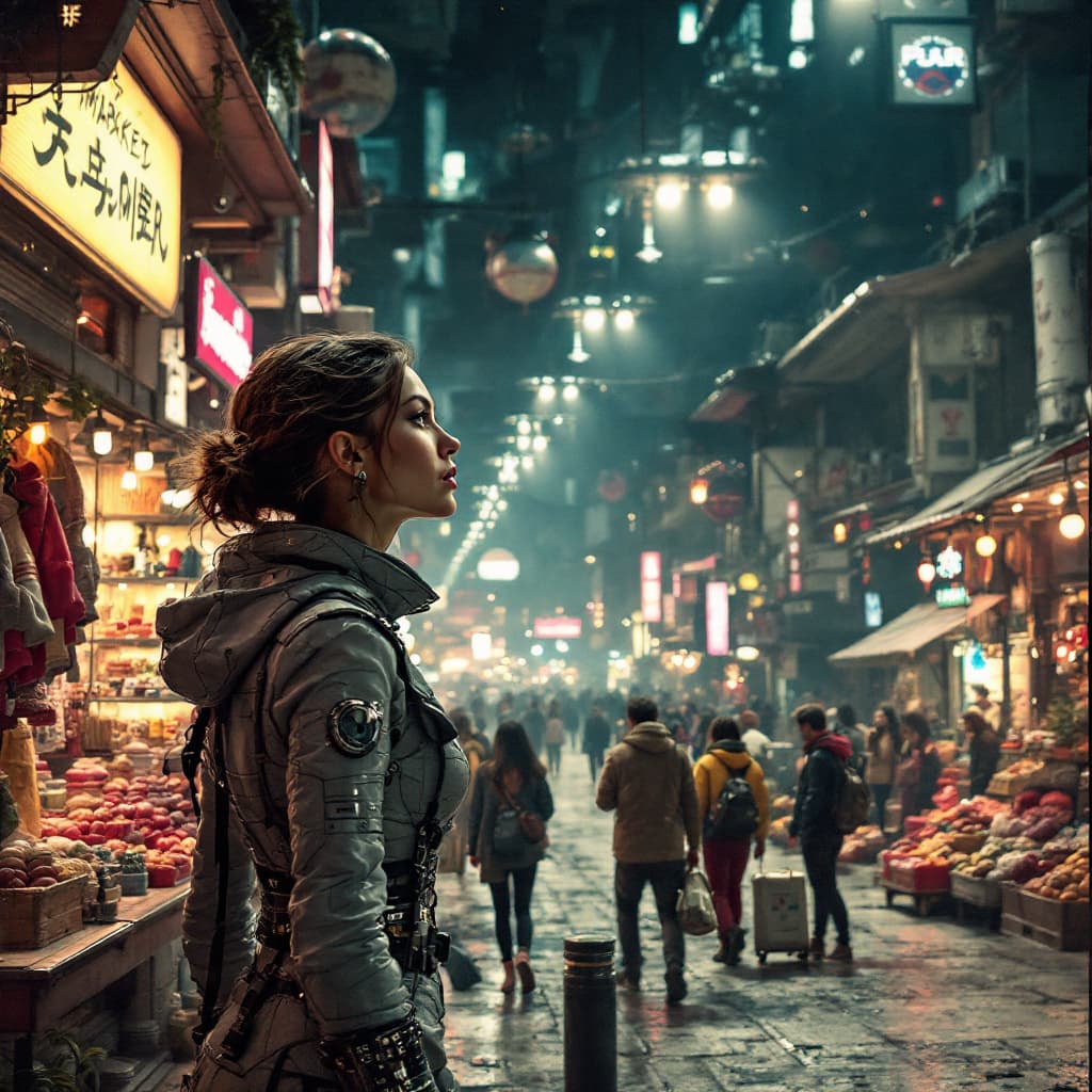 AI generated: Une femme découvre un marché extraterrestre dans un style futuriste