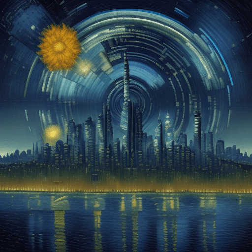 AI generated: Vincent Van Gogh painting a futuristic cityscape –seed 24 –s 800 –c 10": Create an artwork of a futu...