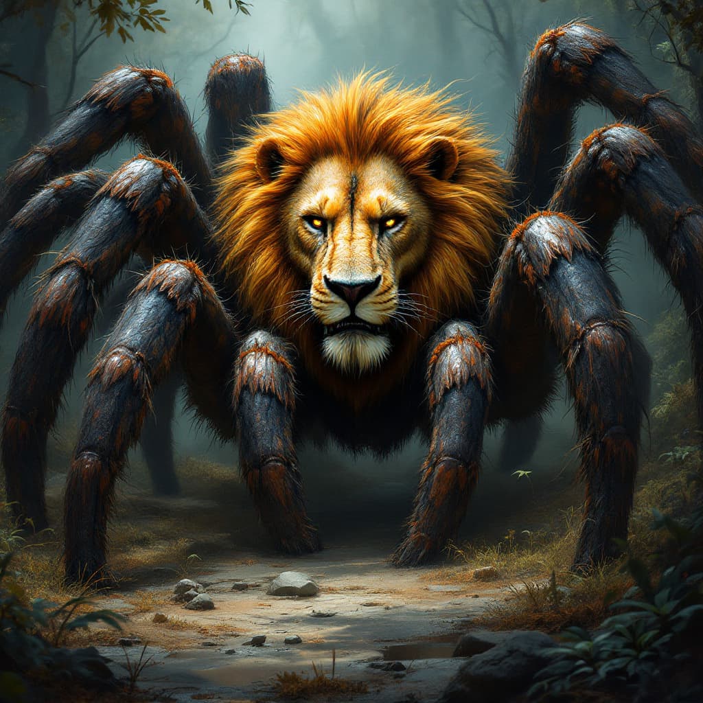 AI generated: A terrifying yet majestic creature, a giant tarantula with a massive lion’s face. The creature’s bod...