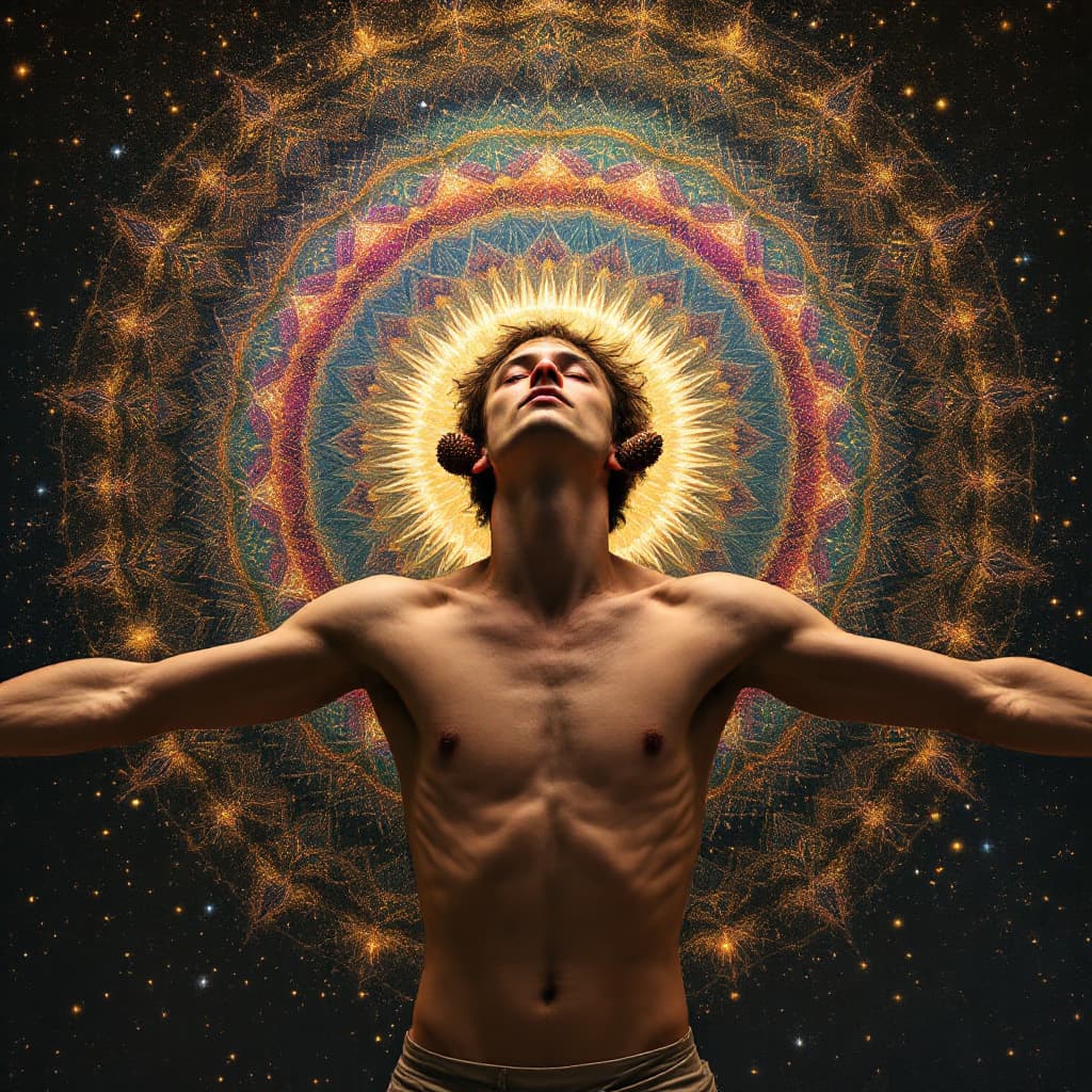 AI generated: a very skinny college age guy places pine cones in each ear, then takes off his shirt, outstretches ...