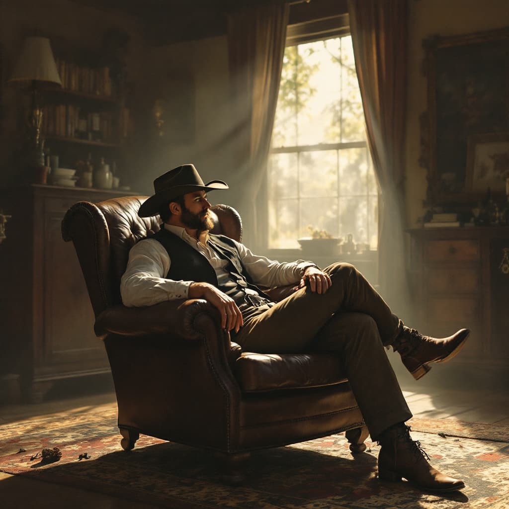 AI generated: Looking across the room at cowboy sitting in leather chair with legs stretched out and feet crossed