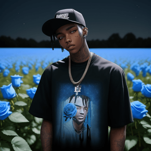 AI generated: The photo of a young man who is a rapper. He's standing rapping in a field of blue roses, the night ...