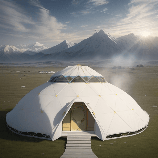 AI generated: Kazakh tradition yurt. image ultra HD. Yurt high-tech and futuristic parametric buildings. White col...