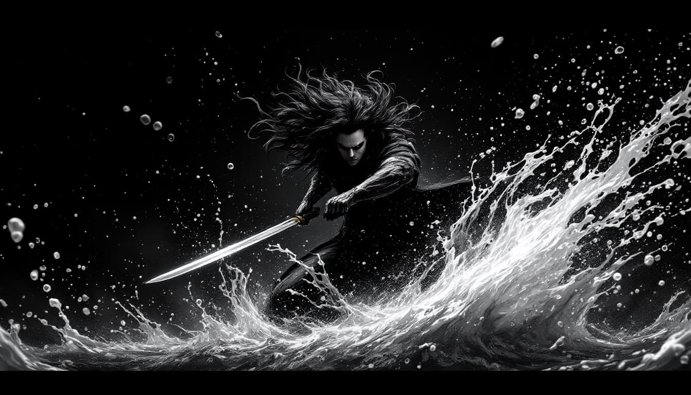 AI generated: A powerful figure emerges from an explosion of dynamic motion, wielding a sword with fierce intensit...