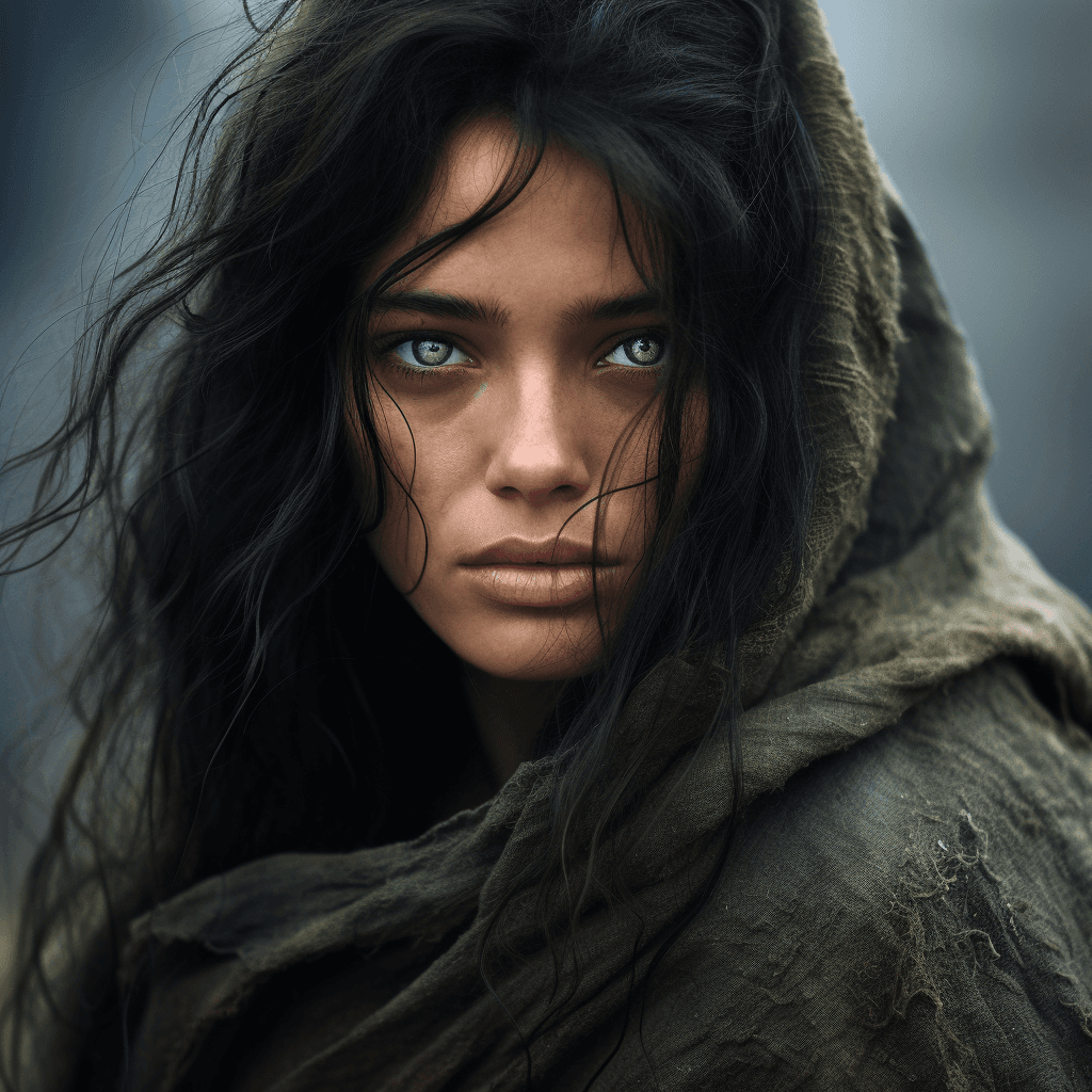 AI generated: A woman with raven black hair, green eyes and covered in dirt, wearing rags, escaped from a dungeon ...