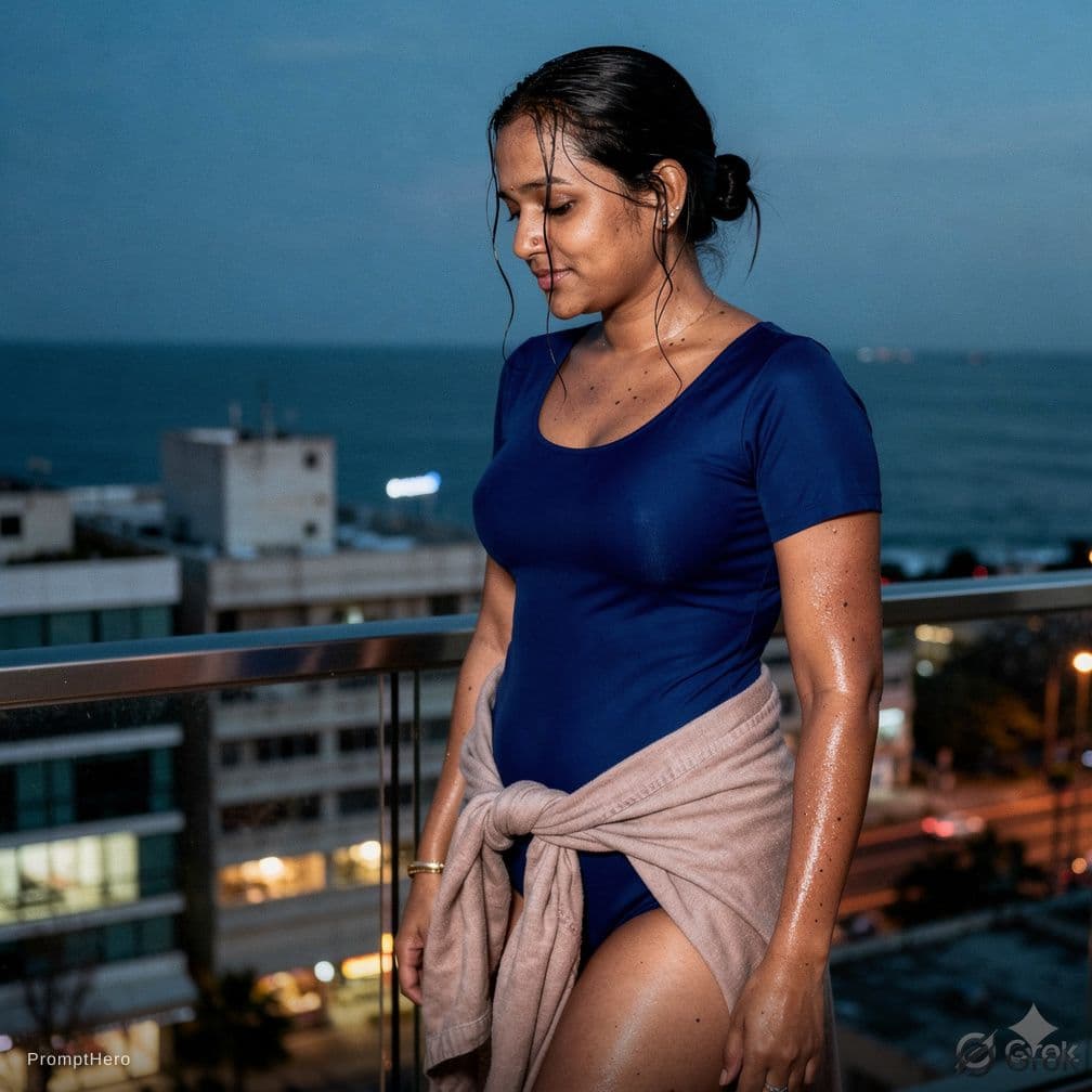 AI generated: A documentary style photograph of a young female on a high balcony just after swimming. Her long dar...