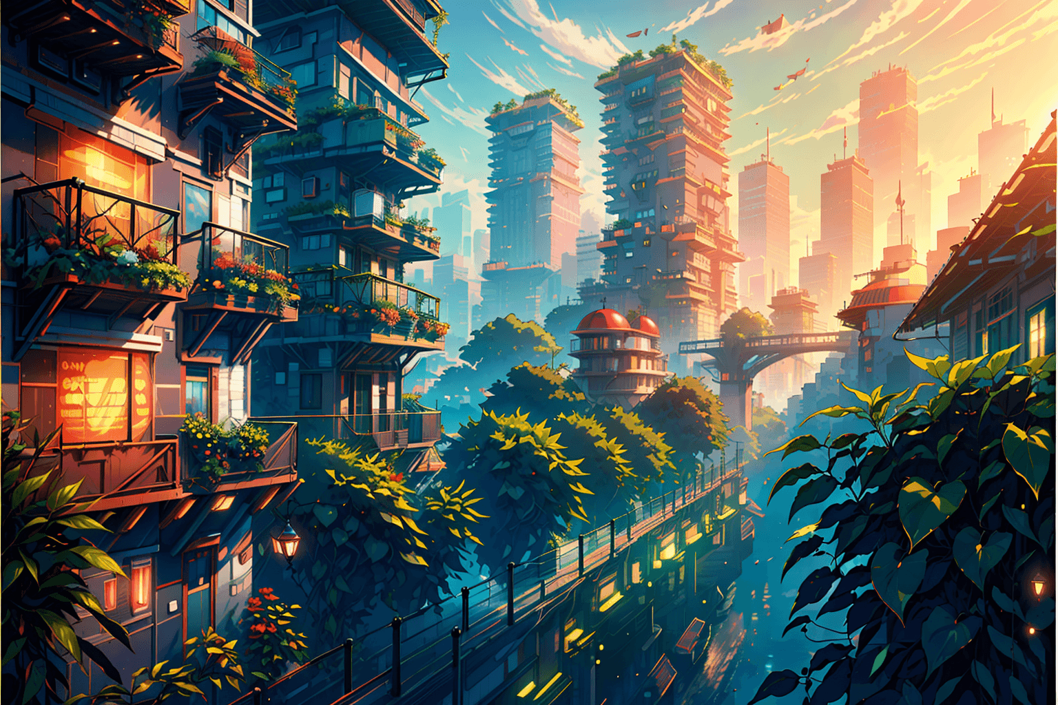 AI generated: Award-winning depiction of a solarpunk cityscape (solarpunk:1.5)| towering vertical gardens| (greene...