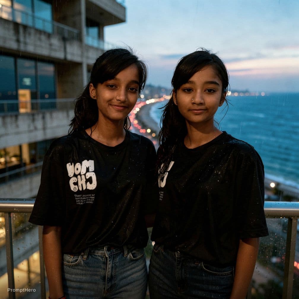 AI generated: A documentary style photograph of a young female on a high balcony just after swimming. Her long dar...