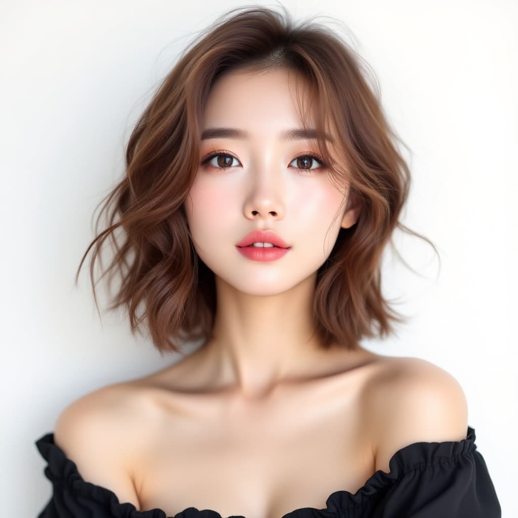 AI generated: Photo of a beautiful Japanese woman wearing a black off-the-shoulder top with a cute hairstyle again...