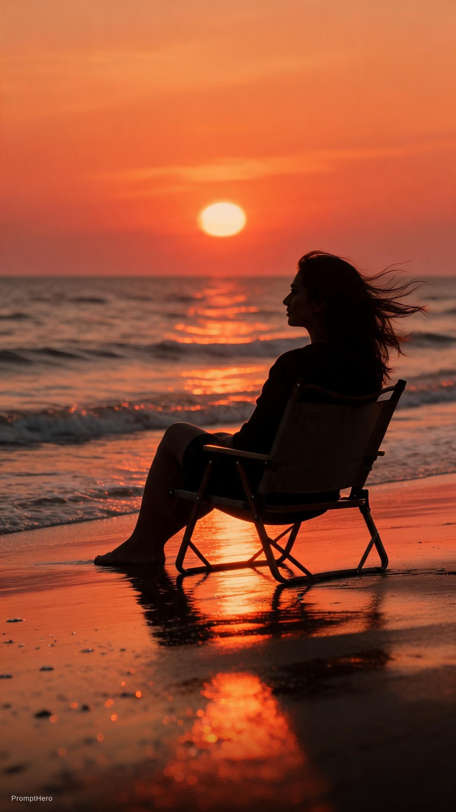 AI generated: cinematic seascape, warm color grading, long-lens compression, straight horizon, large sun near uppe...