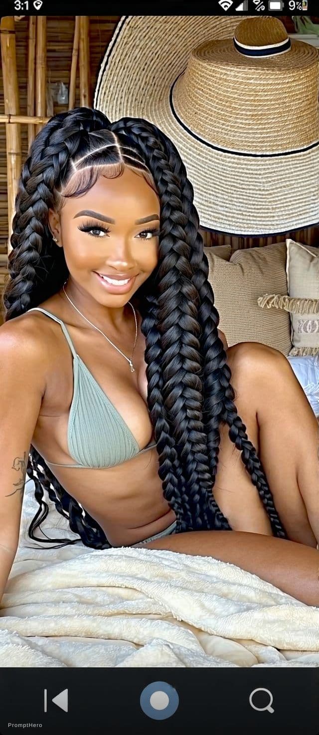 AI generated: Create this image to wear bikini and long thick volume cobra single braid hairstyle and sitting like...